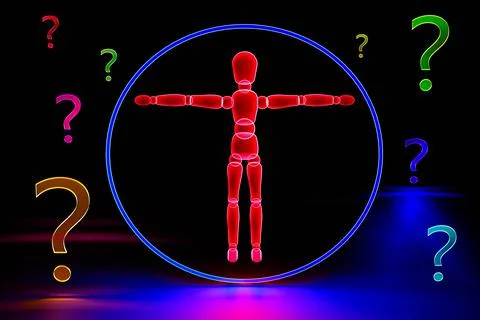 The Man and question marks neon glowing. Man and question. Illuminated neon m Illustrazione stock