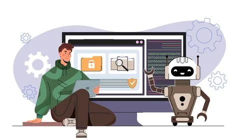 Man and robot collaborating on cybersecurity. Vector illustration Stock Illustration