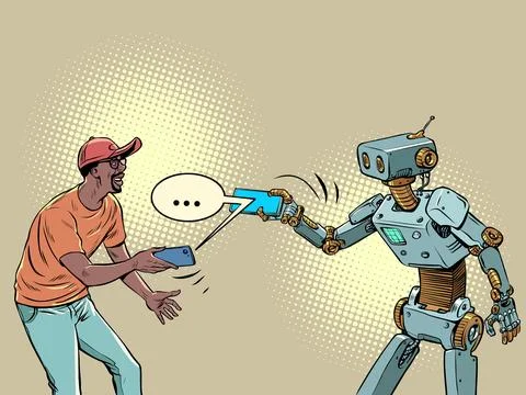 Man and robot communicate in a messenger on the phone イラスト素材