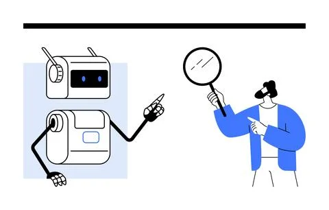 Man and Robot Engaged in Analysis with Magnifying Glass for Technological E.. Stock Illustration