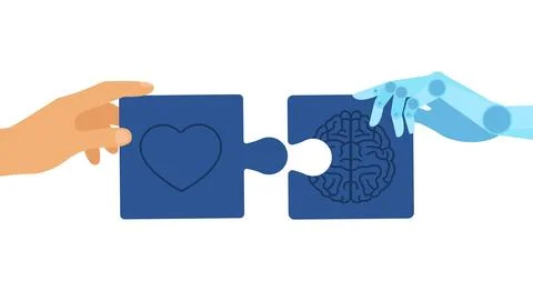 Man and robot hands hold heart and brain puzzle. Stock Illustration