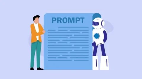 Man and Robot Holding Giant Paper with Prompt Text for AI Generation cartoo.. Stock Footage 337943337