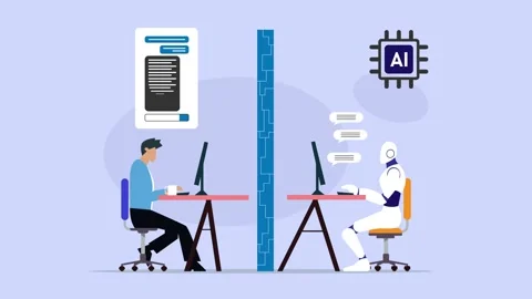 Man and Robot Separated by Wall Working at Computers Turing Test cartoon an.. Stock Footage 337943351