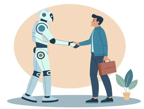 Man and robot shaking hands standing Stock Illustration