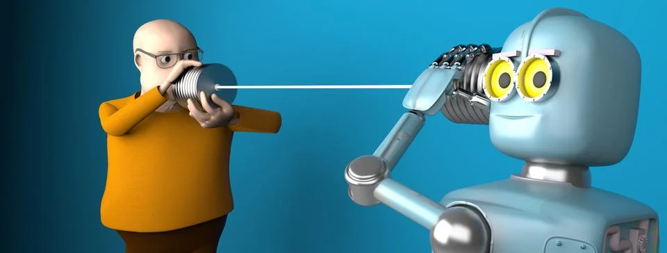 Man and robot talking with tin can telephone,3d render . Stock Illustration