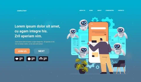 Man and robot web developers creating program code on smartphone screen Stock Illustration