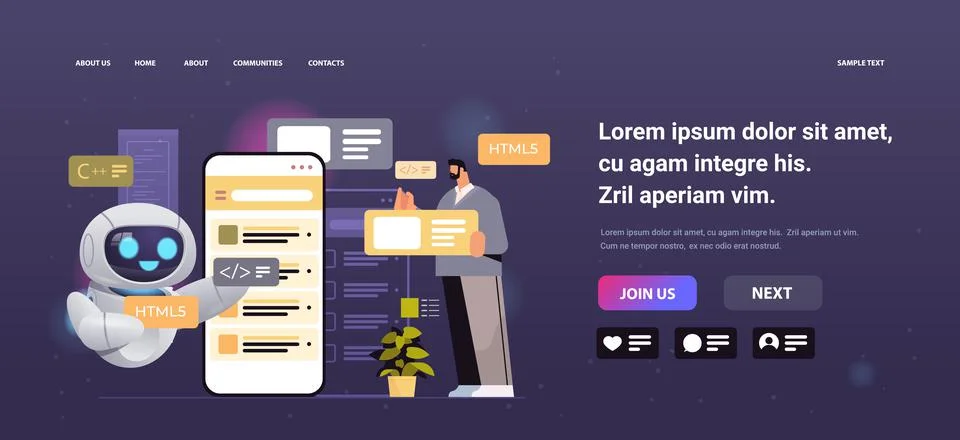 Man and robot web developers creating program code on smartphone screen Stock Illustration