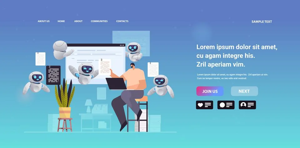 Man and robots article editors writing publicity post journalist using laptop Stock Illustration