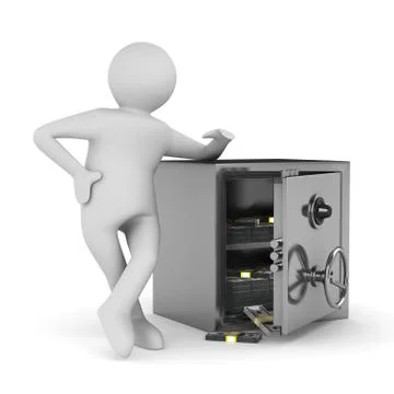 Man and safe on white background. Isolated 3D image Illustrazione stock