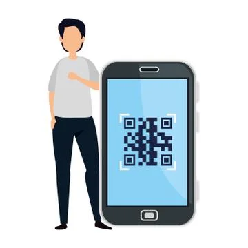 Man and smartphone device with scan code qr 스톡 일러스트