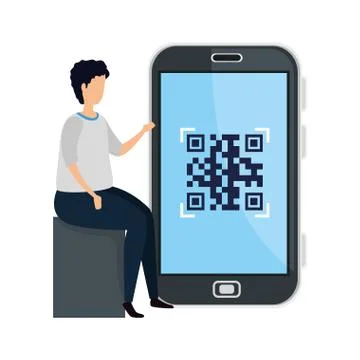 Man and smartphone device with scan code qr Stock Illustration