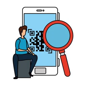 Man and smartphone device with scan code qr 스톡 일러스트