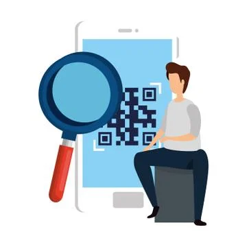 Man and smartphone device with scan code qr 스톡 일러스트