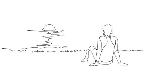 Man and sunset sea view line art illustration Stock Illustration