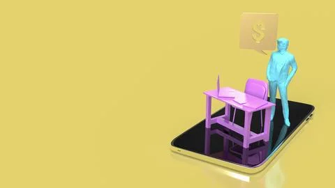 The man and table on mobile phone for work from home concept 3d rendering Stockillustratie