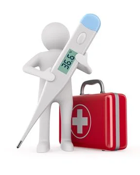 Man and thermometer on white background. Isolated 3D illustration Stock Illustration