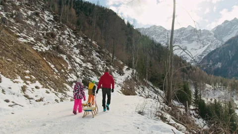 Man and two children pulling sleds on the snowy track, rear view Stock Footage 171517217
