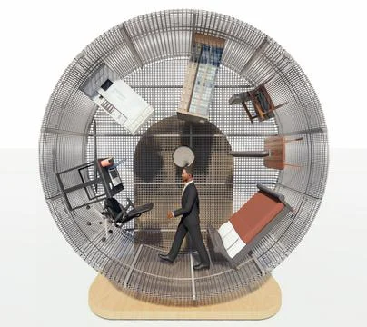 Man and various objects of life in the hamster wheel Stock Illustration