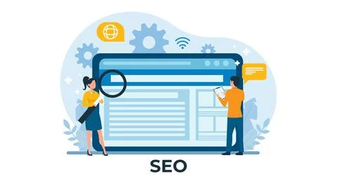 Man and woman analyzing data conduct SEO 库存插图