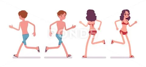 Man and woman in a beachwear set, running pose Stock Illustration