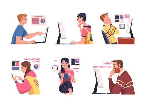 Man and Woman Character Working with Information Analyzing Data and Browsing Illustrazione stock