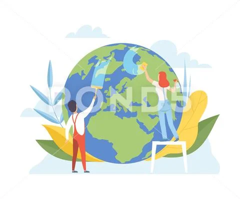 Man and Woman Cleaning the Earth Planet with Cleaning Equipment, Volunteers Stock Illustration