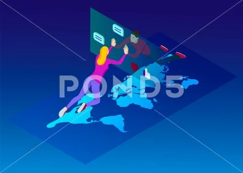 A man and a woman from different countries can communicate through the Internet. Stock Illustration