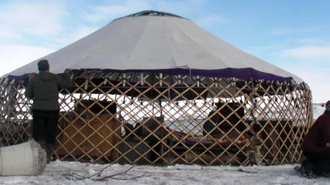 Man and Woman Disassembling Yurt in Western Mongolia Stock Footage 234296721