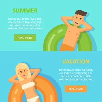 Man and woman floating on inflatable circles in a swimming pool banners Illustrazione stock