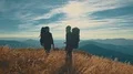The man and woman greeting on the picturesque mountain. slow motion 4k or 4k+ Resolution