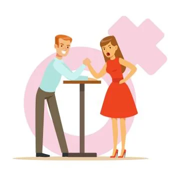 Man and woman with hands clasped arm wrestling, girlfriend confronts her Stock Illustration