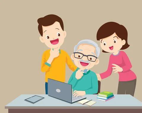 Man and woman looking at elderly man using a laptop computer Stock Illustration