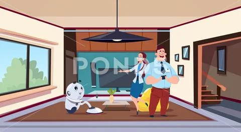 Man And Woman Looking At Robot Housekeeper Cleaning Living Room Stock Illustration