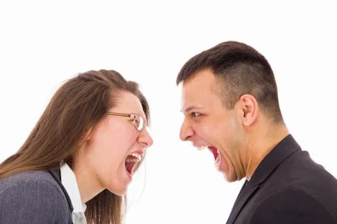 Man and woman with love problems yelling at each other Stock Photos