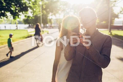 Man and woman make selfie Stock Photos