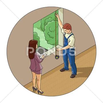 Man and woman measure window Stock Illustration