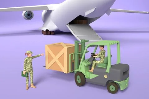 Man and a woman in military uniform load boxes into a cargo plane Stock Illustration