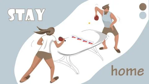 A man and a woman playing ping pong at home. Covid 2019 Quarantine Stock-Illustration