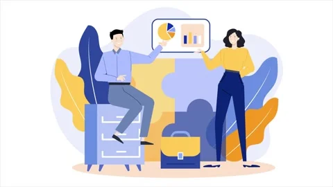 A man and woman problem solving team with puzzle illustration business animated Stock Footage 278071422