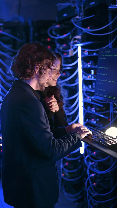 A man and a woman programming in a server room. Vertical Stock Footage 287377704