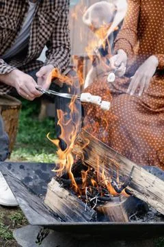 Man and woman roasting marshmallows on campfire. Couple resting near travel van Stock Photos