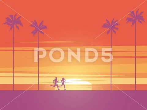 Man and woman running at sunrise or sunset on the beach with palm trees in Stock Illustration