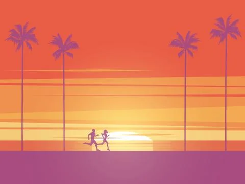 Man and woman running at sunrise or sunset on the beach with palm trees in Stock Illustration