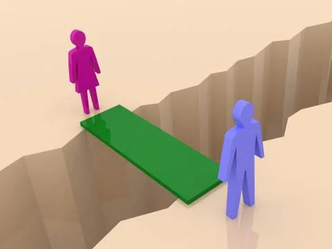Man and woman split on sides, bridge through separation crack. Concept 3D ill イラスト素材
