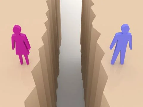 Man and woman split on sides, separation crack. Concept 3D illustration. Stock Illustration