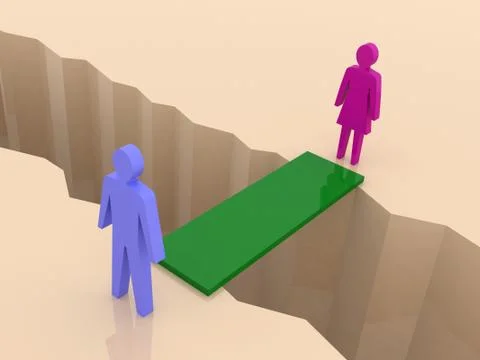 Man and woman split on sides, bridge through separation crack. Concept 3D ill イラスト素材