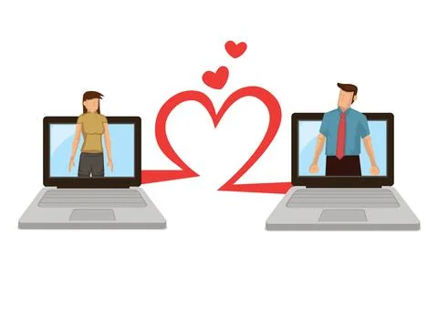 Man and woman using computer to connect for love. Concept of online love or d Illustrazione stock