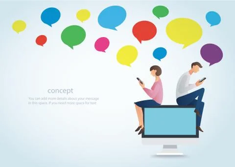 Man and woman using smartphone and sitting on computer Stock Illustration