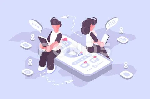 Man and woman using social media on modern gadgets Stock Illustrationen