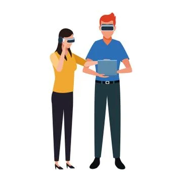 Man and woman using technology of augmented reality 스톡 일러스트